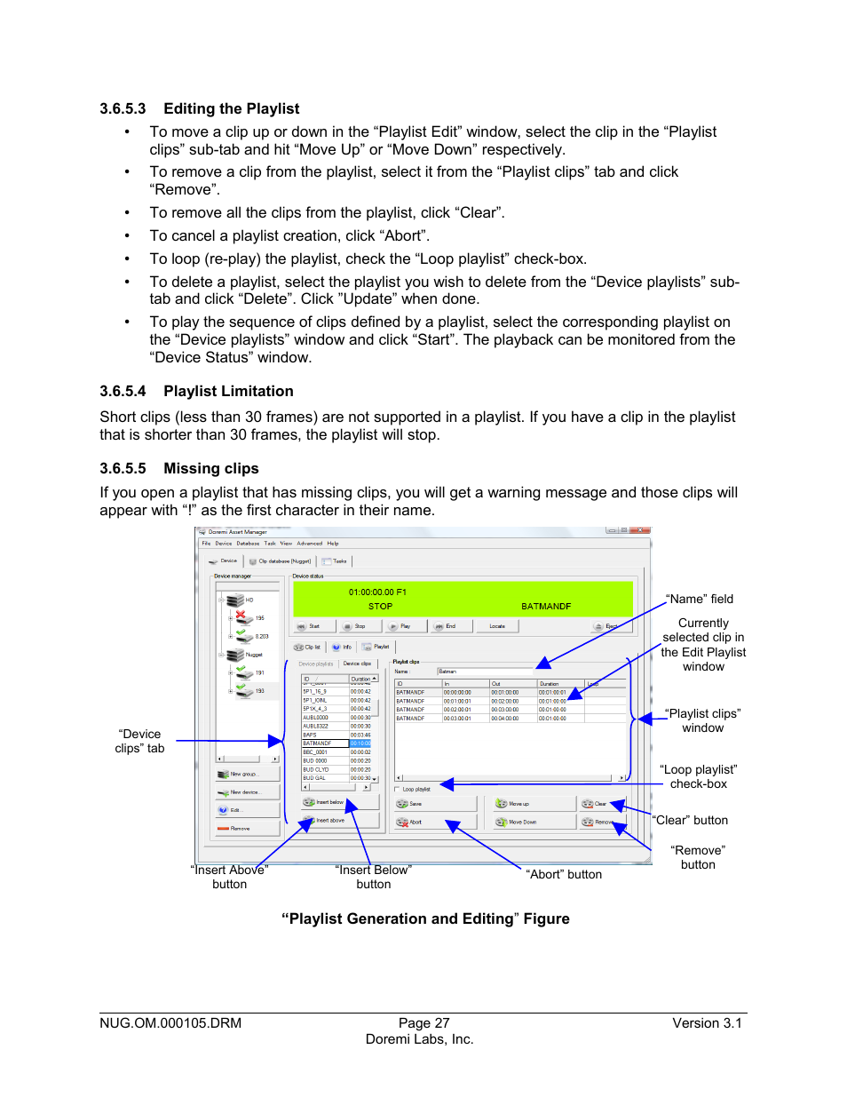 3 editing the playlist, 4 playlist limitation, 5 missing clips | Doremi Nugget User Manual | Page 27 / 58