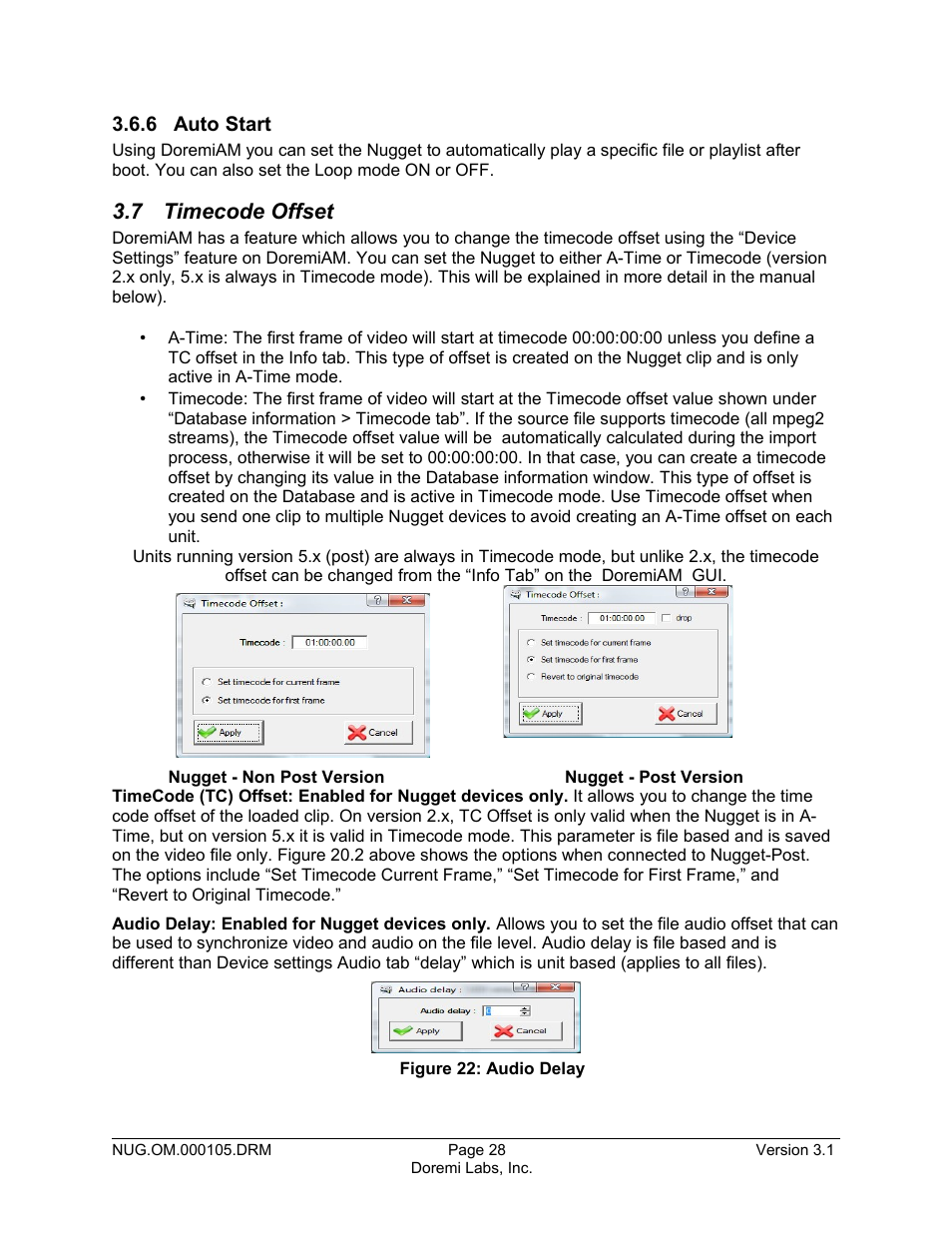 6 auto start, 7 timecode offset | Doremi Nugget User Manual | Page 28 / 58