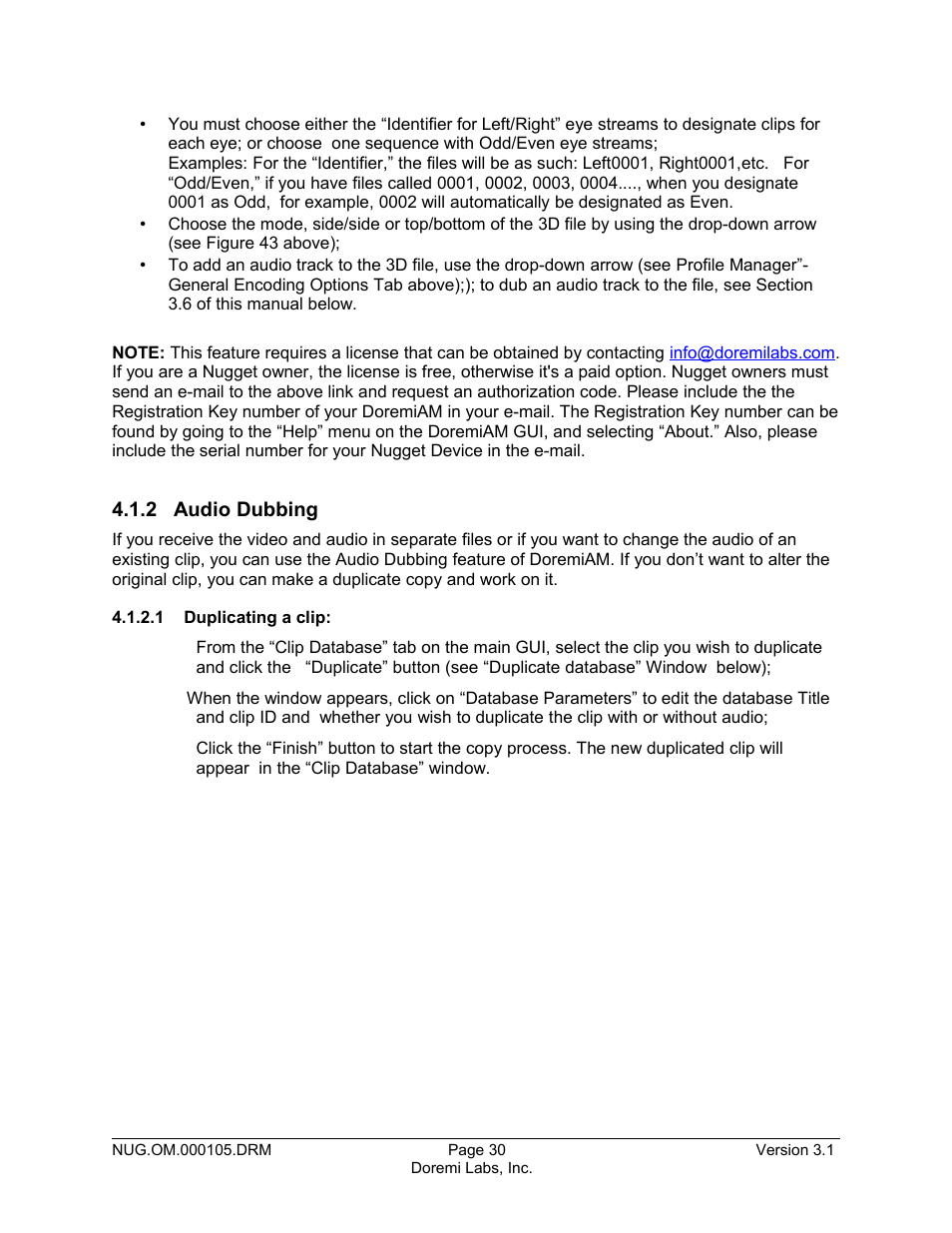 2 audio dubbing, 1 duplicating a clip | Doremi Nugget User Manual | Page 30 / 58