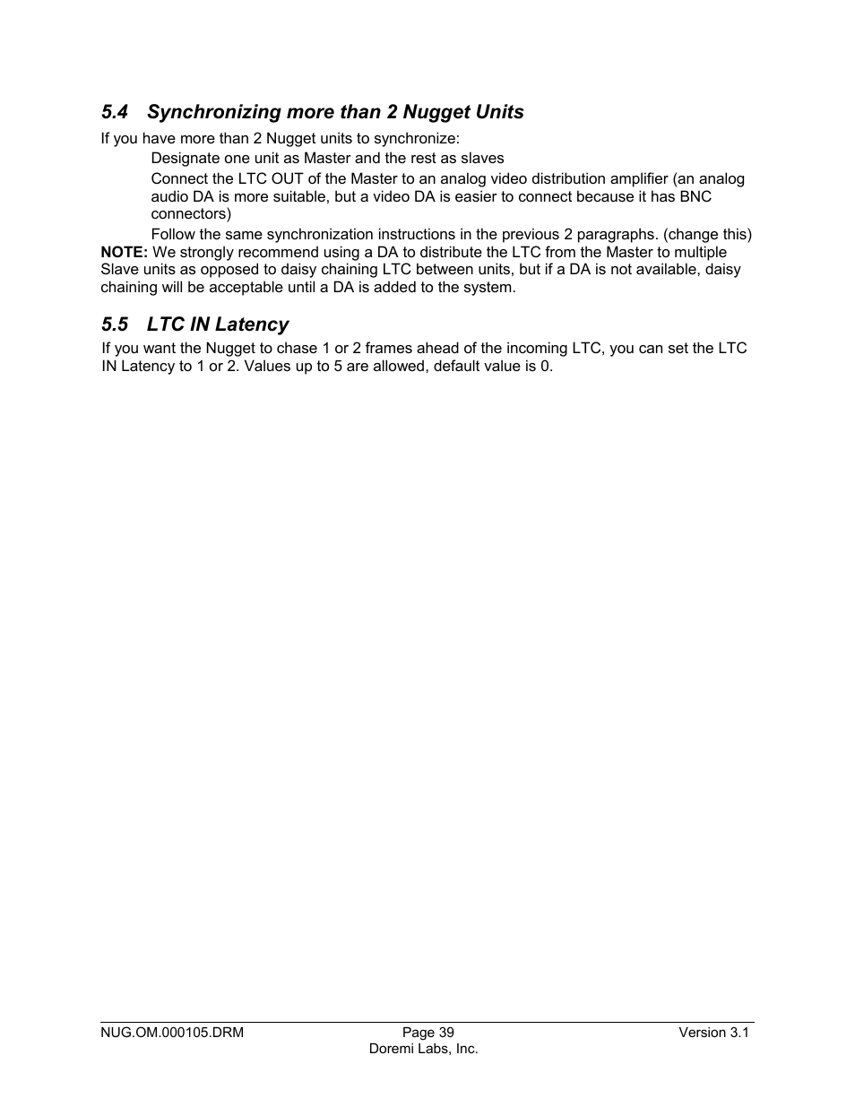 4 synchronizing more than 2 nugget units, 5 ltc in latency | Doremi Nugget User Manual | Page 39 / 58