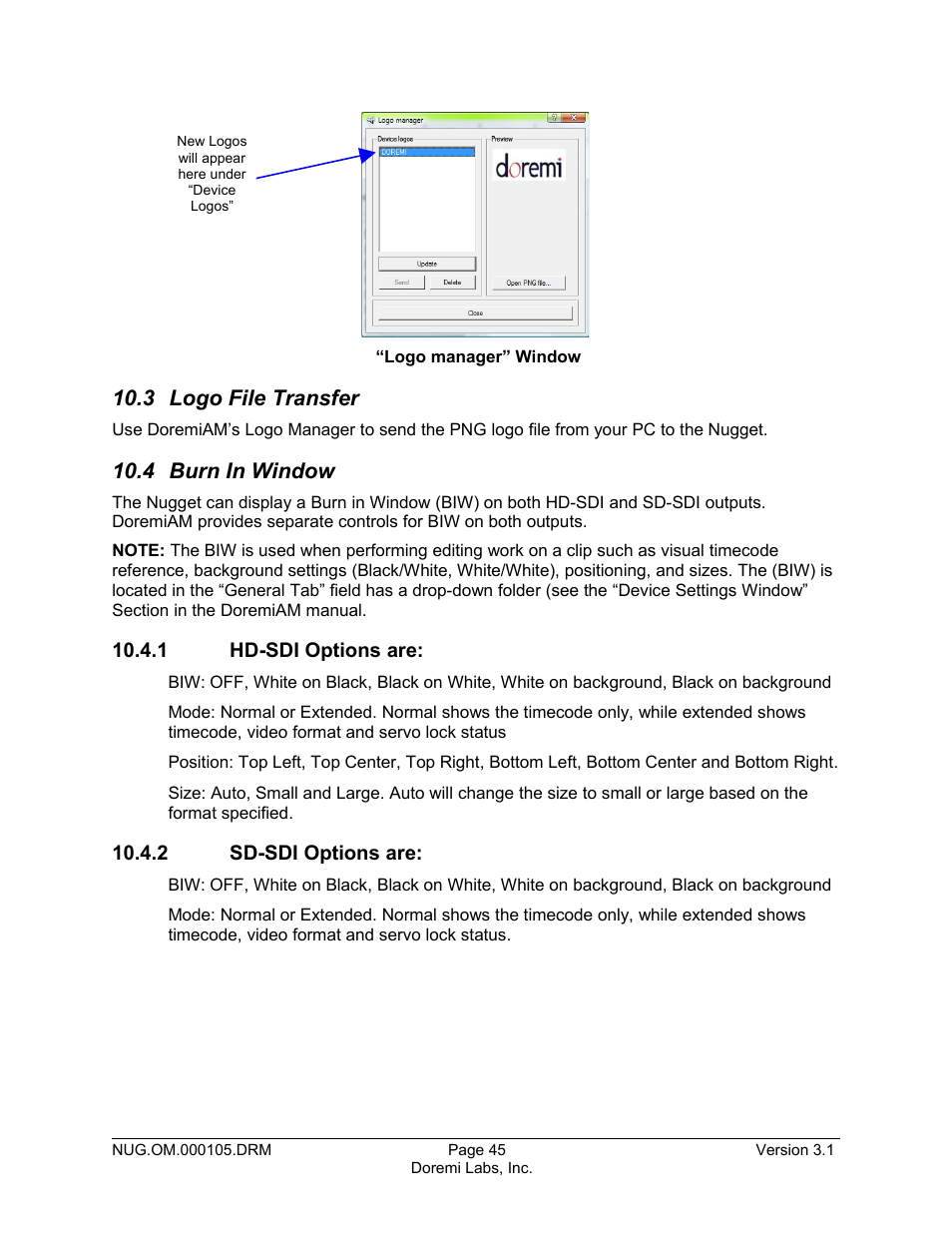 3 logo file transfer, 4 burn in window, 1 hd-sdi options are | 2 sd-sdi options are | Doremi Nugget User Manual | Page 45 / 58
