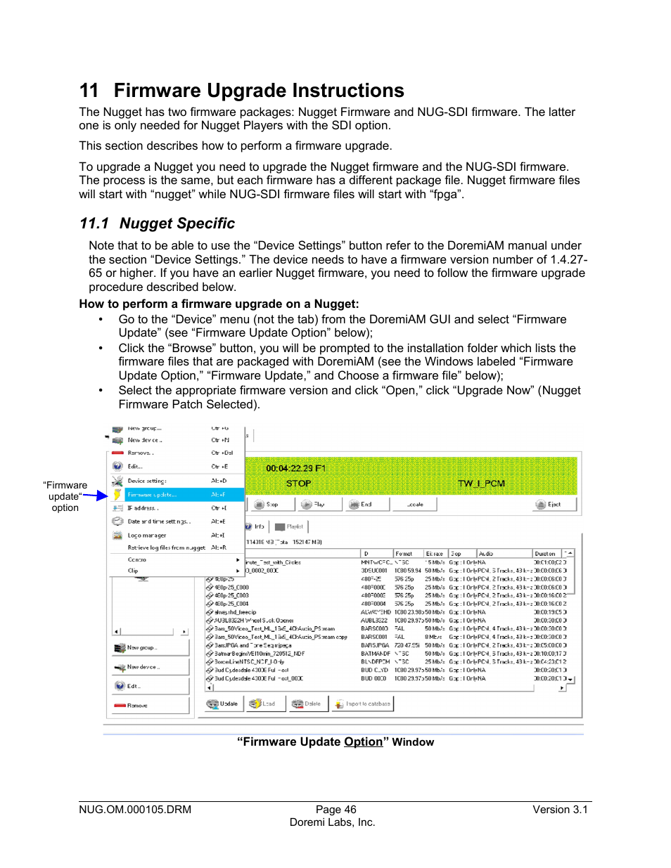 11 firmware upgrade instructions, 1 nugget specific | Doremi Nugget User Manual | Page 46 / 58