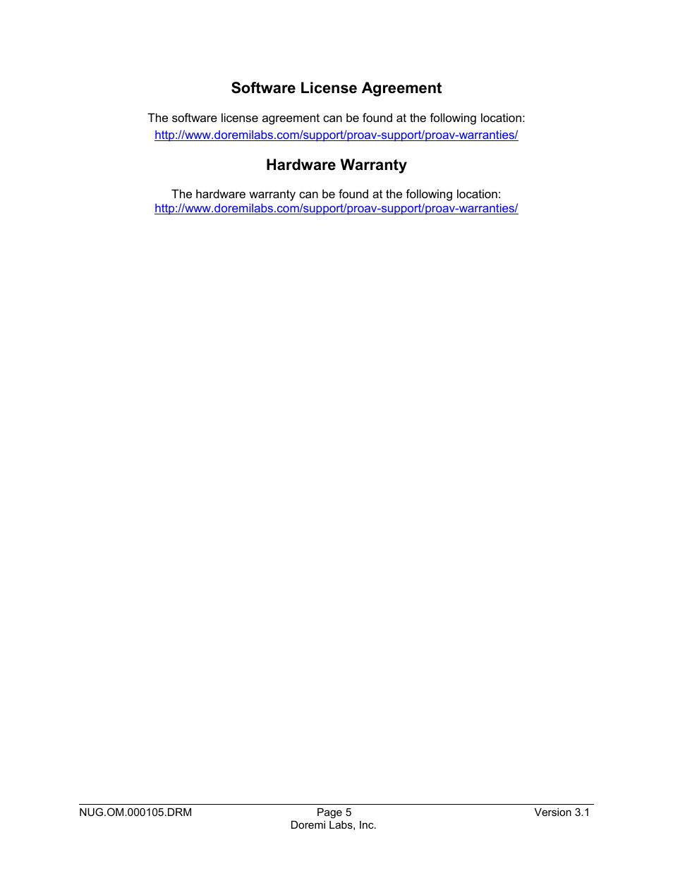 Software license agreement, Hardware warranty | Doremi Nugget User Manual | Page 5 / 58
