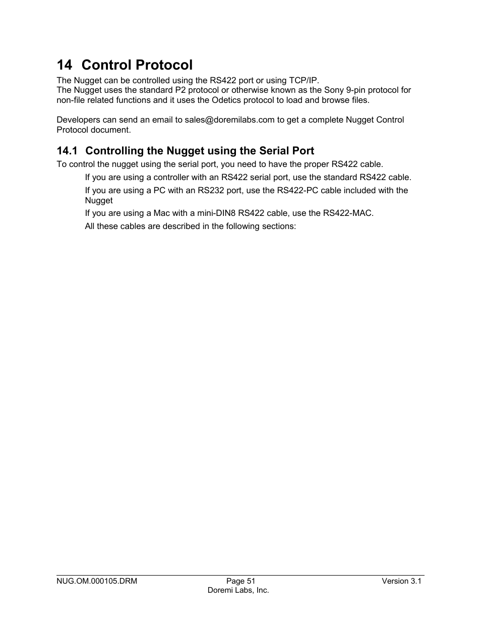 14 control protocol, 1 controlling the nugget using the serial port | Doremi Nugget User Manual | Page 51 / 58