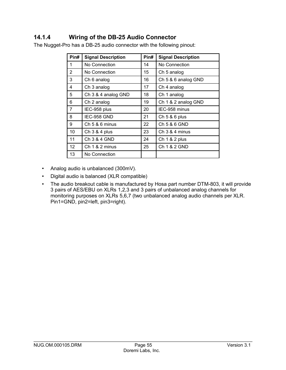 4 wiring of the db-25 audio connector | Doremi Nugget User Manual | Page 55 / 58