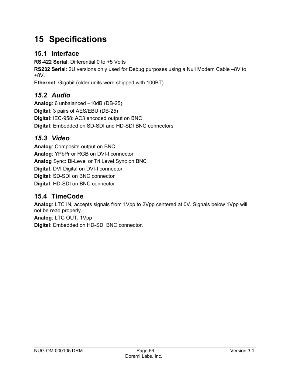15 specifications, 1 interface, 2 audio | 3 video, 4 timecode | Doremi Nugget User Manual | Page 56 / 58