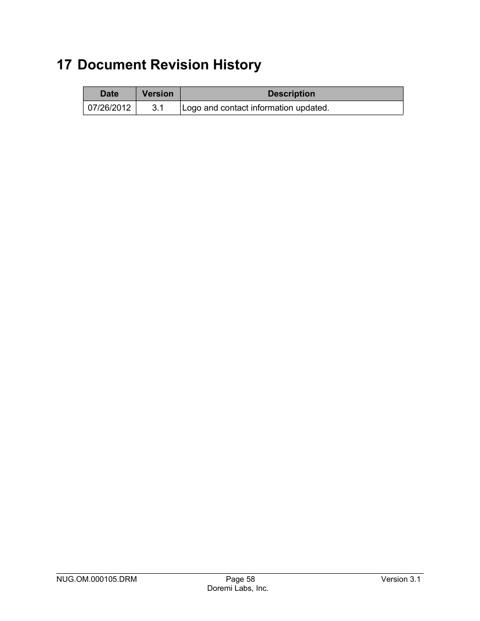 17 document revision history | Doremi Nugget User Manual | Page 58 / 58