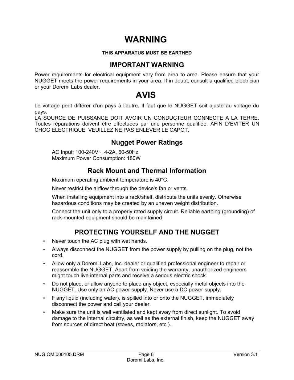 Warning, Avis, Important | Nugget power ratings, Rack mount and thermal information, Protecting yourself and the nugget | Doremi Nugget User Manual | Page 6 / 58