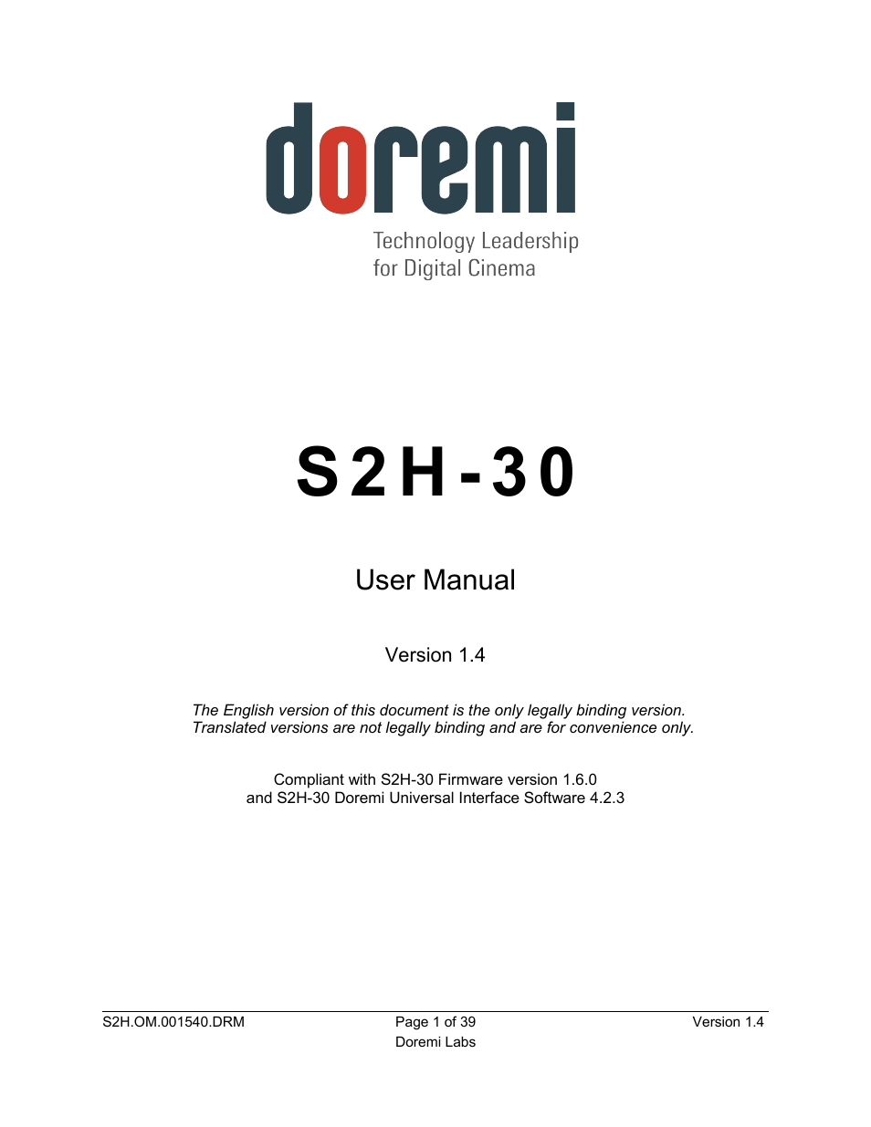 Doremi S2H-30 User Manual | 39 pages