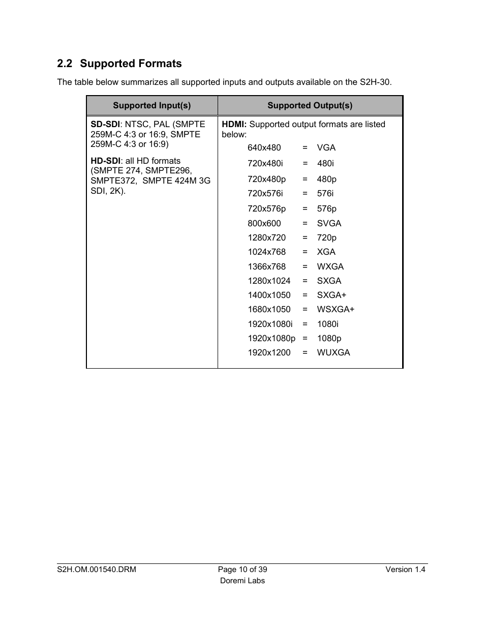 2 supported formats | Doremi S2H-30 User Manual | Page 10 / 39
