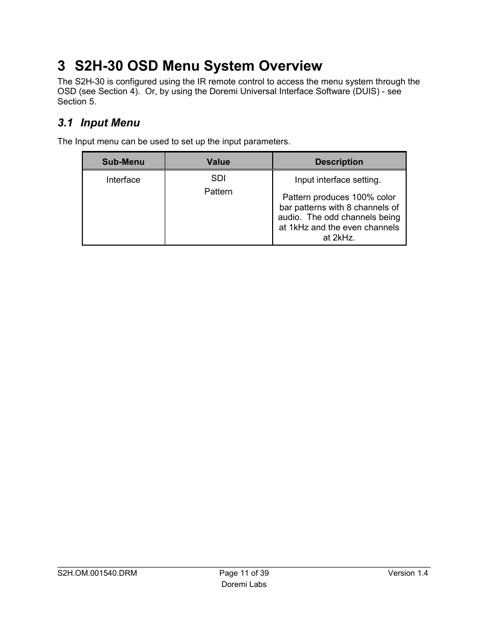 3 s2h-30 osd menu system overview, 1 input menu | Doremi S2H-30 User Manual | Page 11 / 39