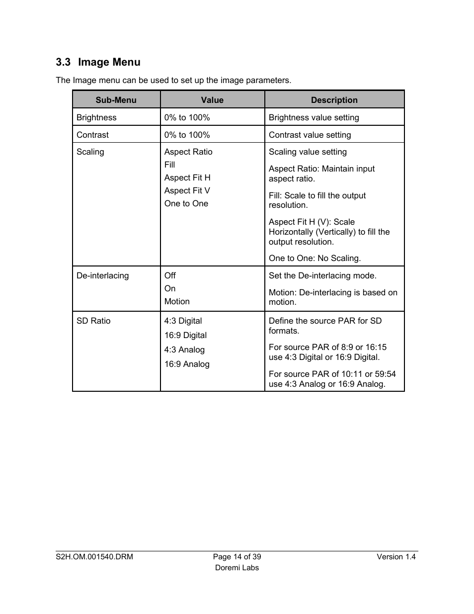 3 image menu | Doremi S2H-30 User Manual | Page 14 / 39