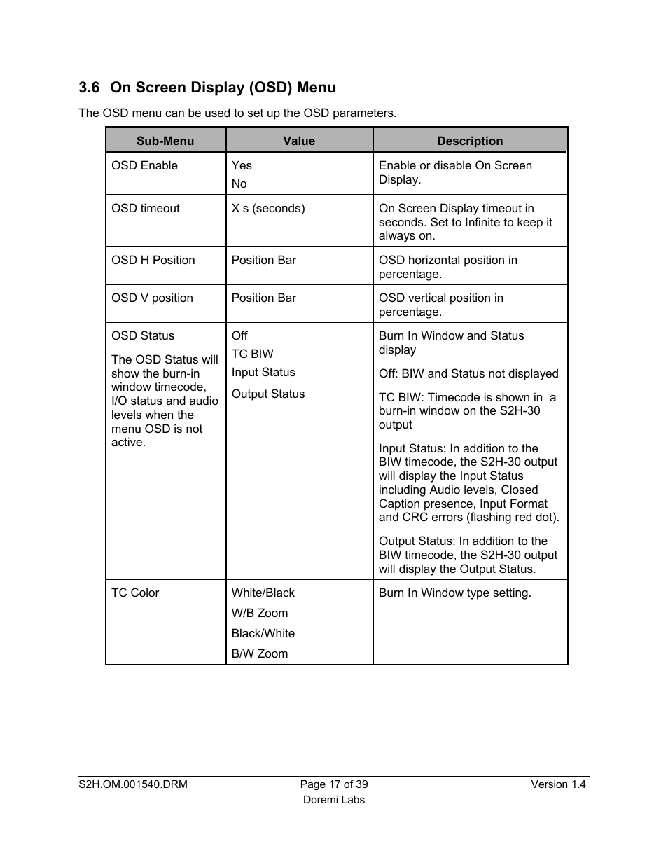 6 on screen display (osd) menu | Doremi S2H-30 User Manual | Page 17 / 39