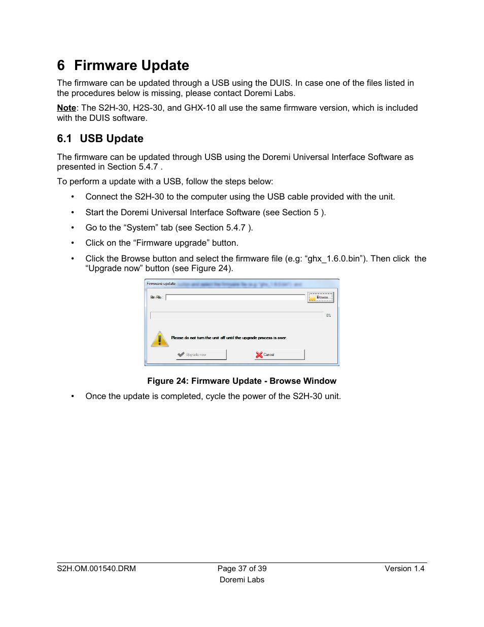 6 firmware update, 1 usb update | Doremi S2H-30 User Manual | Page 37 / 39