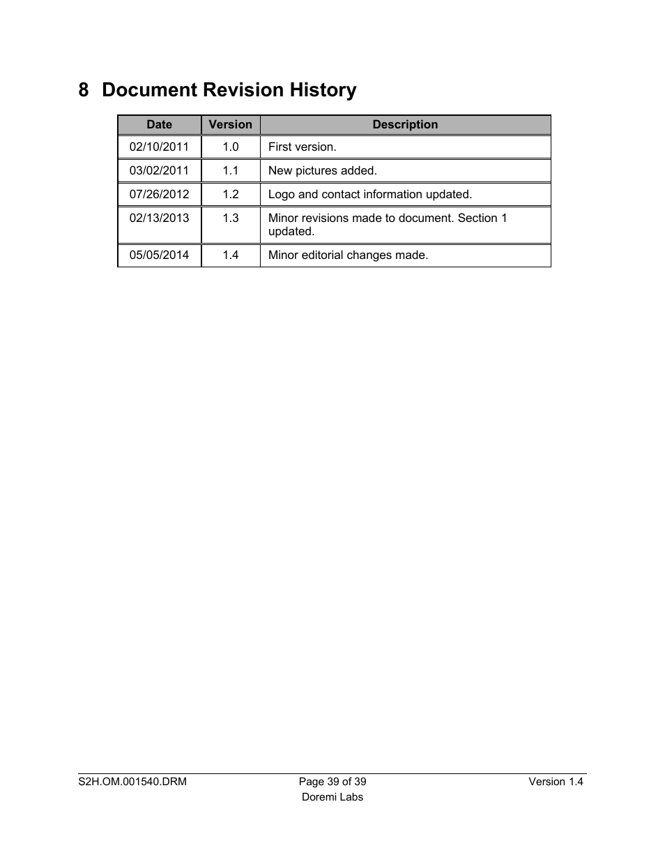 8 document revision history | Doremi S2H-30 User Manual | Page 39 / 39