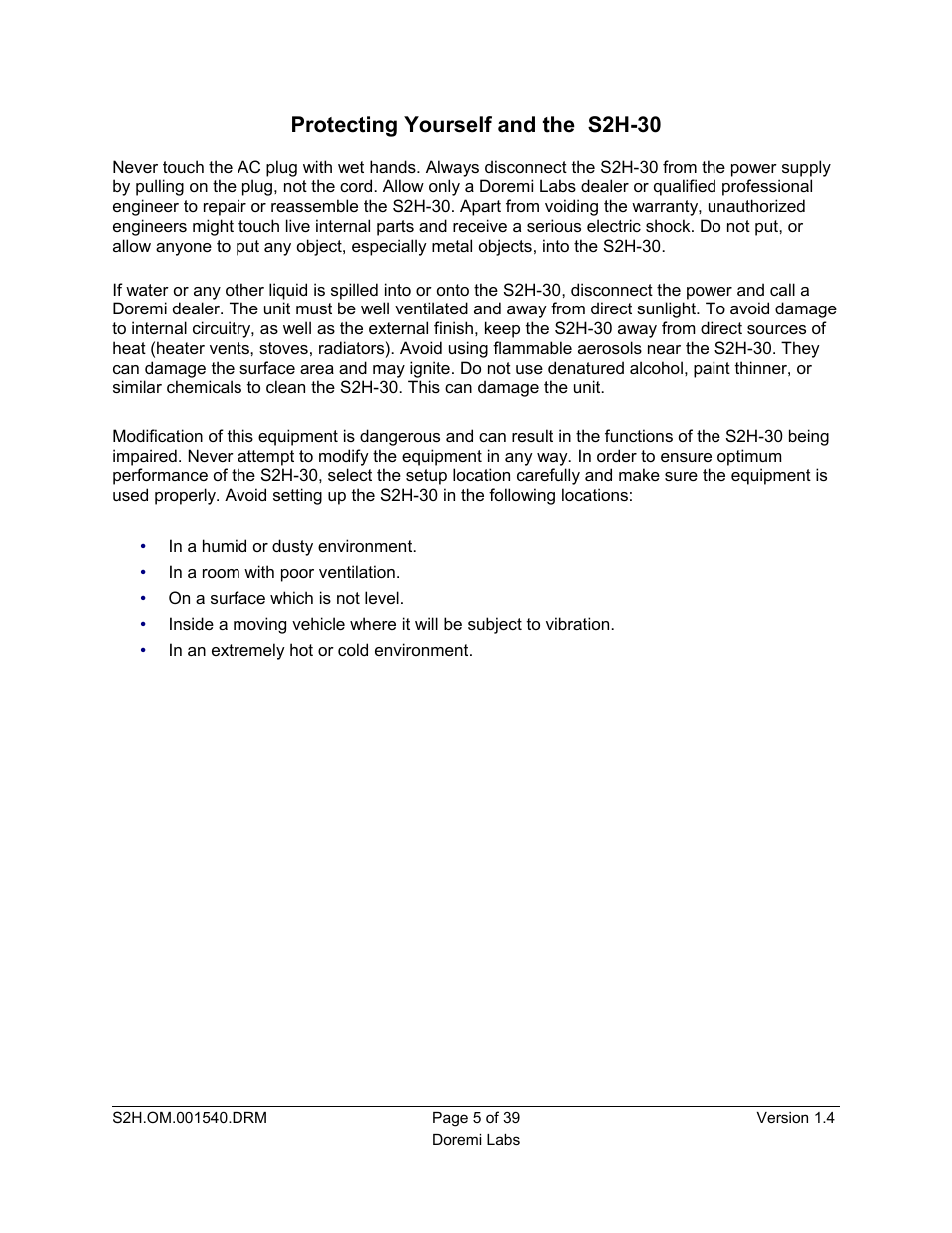 Protecting yourself and the s2h-30 | Doremi S2H-30 User Manual | Page 5 / 39