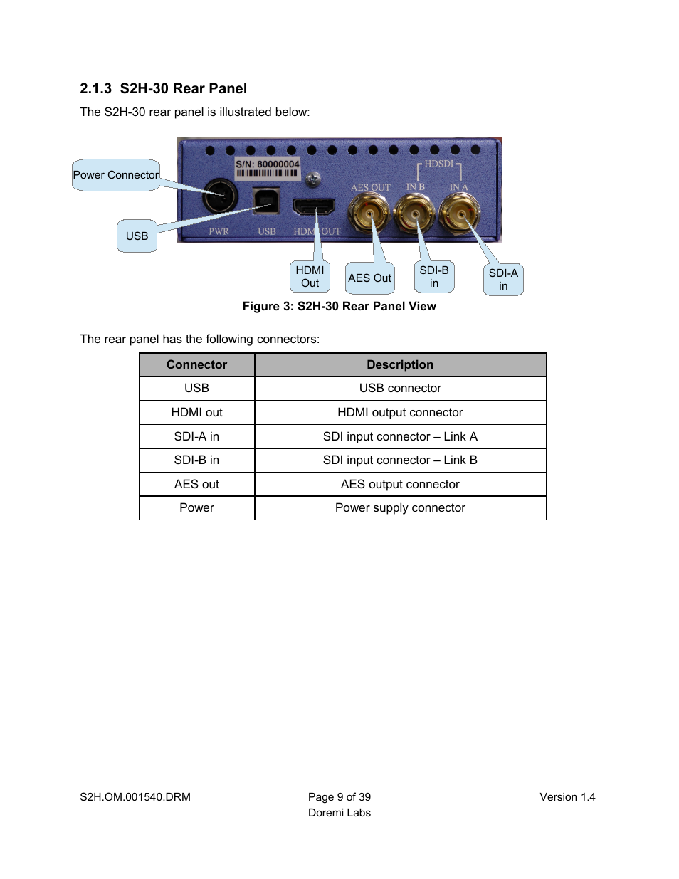 3 s2h-30 rear panel | Doremi S2H-30 User Manual | Page 9 / 39