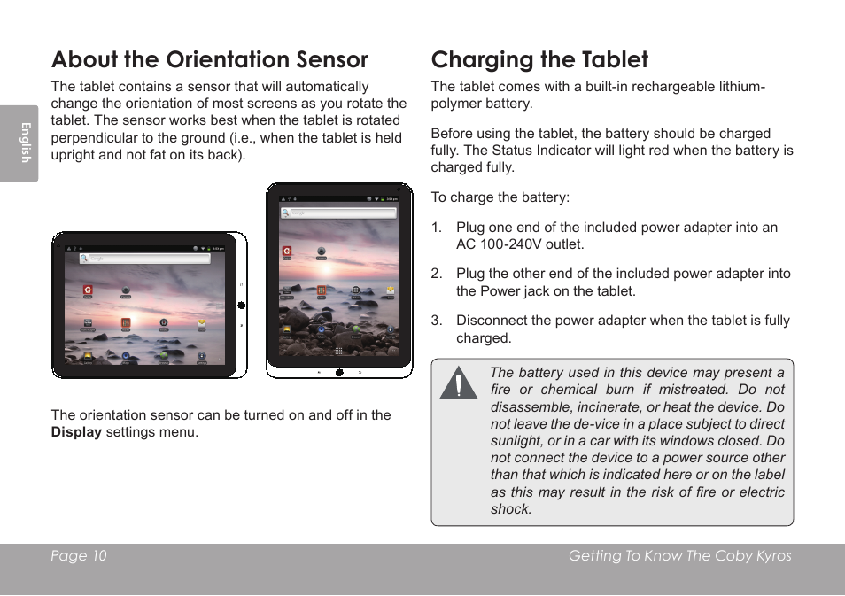 About the orientation sensor, Charging the tablet | COBY electronic MID1126 User Manual | Page 10 / 127