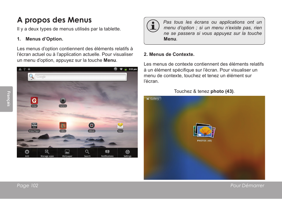 A propos des menus | COBY electronic MID1126 User Manual | Page 102 / 127