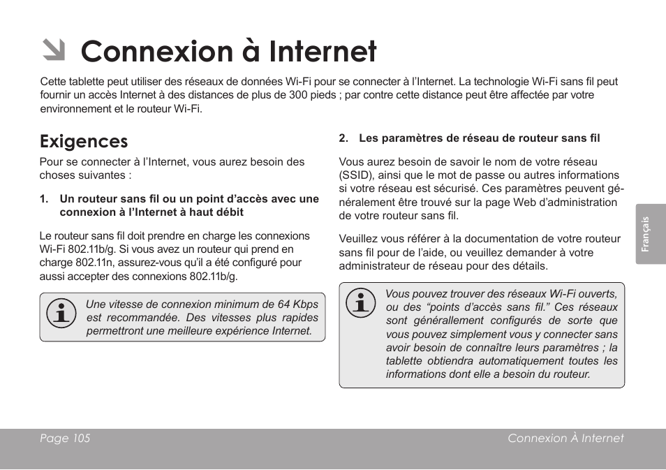 Connexion à internet, Exigences | COBY electronic MID1126 User Manual | Page 105 / 127