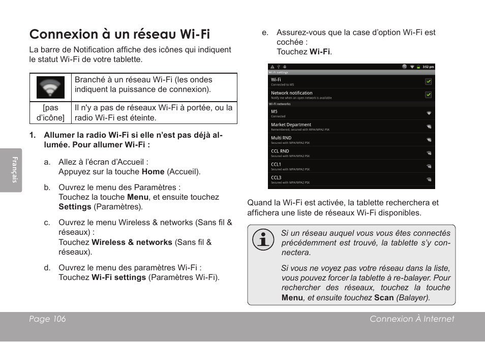 Connexion à un réseau wi-fi | COBY electronic MID1126 User Manual | Page 106 / 127