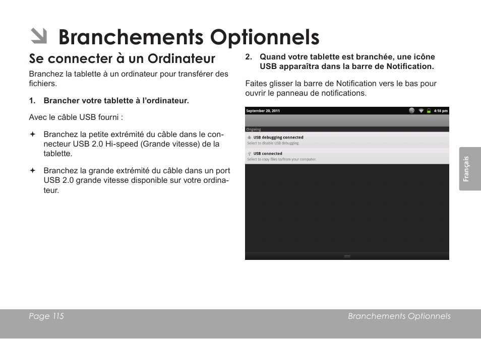 Branchements optionnels, Se connecter à un ordinateur | COBY electronic MID1126 User Manual | Page 115 / 127