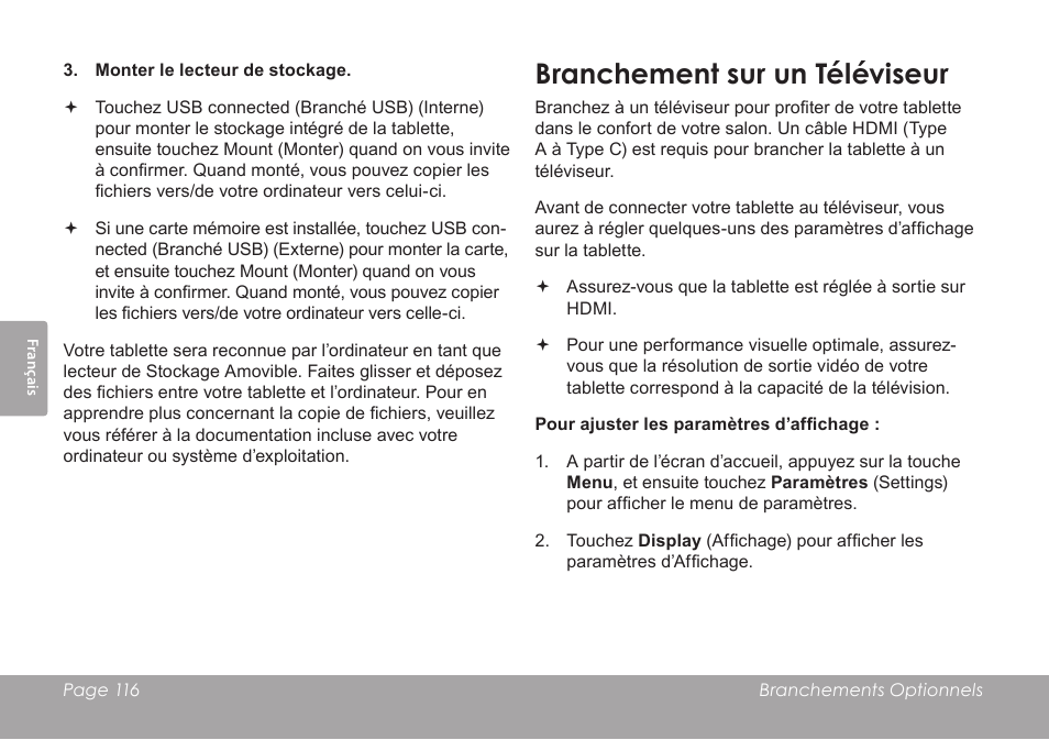 Branchement sur un téléviseur | COBY electronic MID1126 User Manual | Page 116 / 127