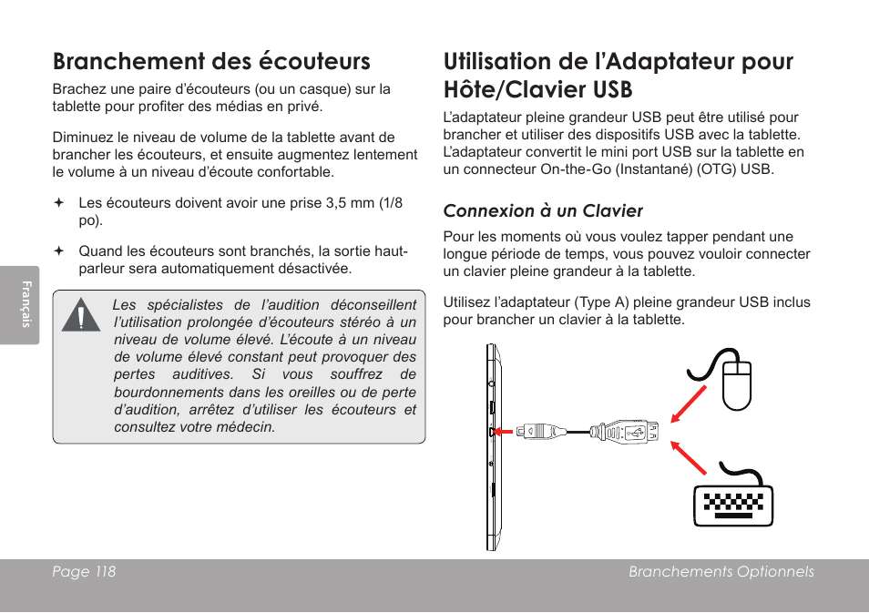 Branchement des écouteurs, Utilisation de l’adaptateur pour hôte/clavier usb | COBY electronic MID1126 User Manual | Page 118 / 127