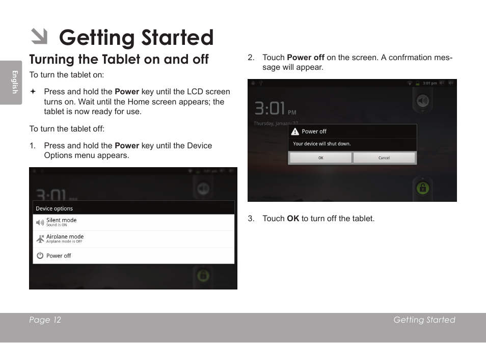 Getting started, Turning the tablet on and off | COBY electronic MID1126 User Manual | Page 12 / 127