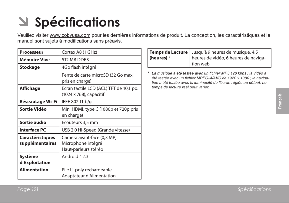 Spécifications | COBY electronic MID1126 User Manual | Page 121 / 127