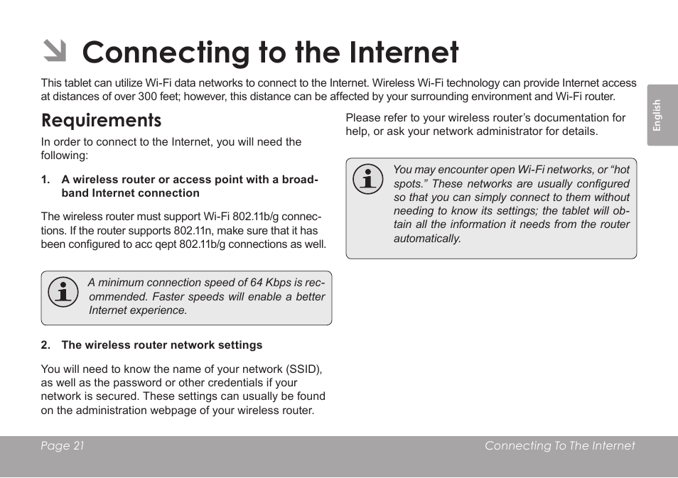 Connecting to the internet, Requirements | COBY electronic MID1126 User Manual | Page 21 / 127