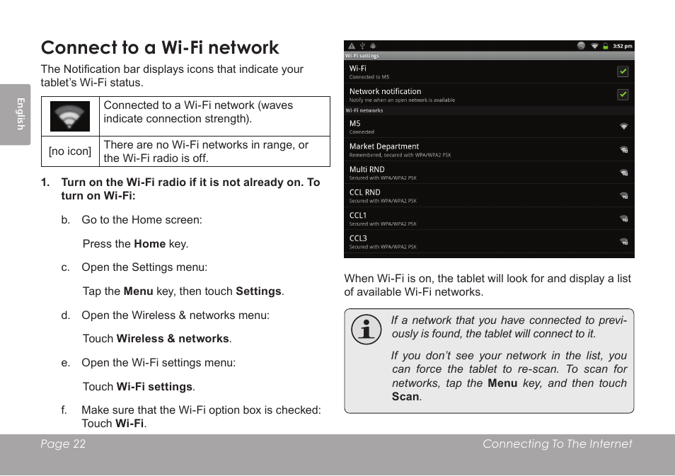 Connect to a wi-fi network | COBY electronic MID1126 User Manual | Page 22 / 127