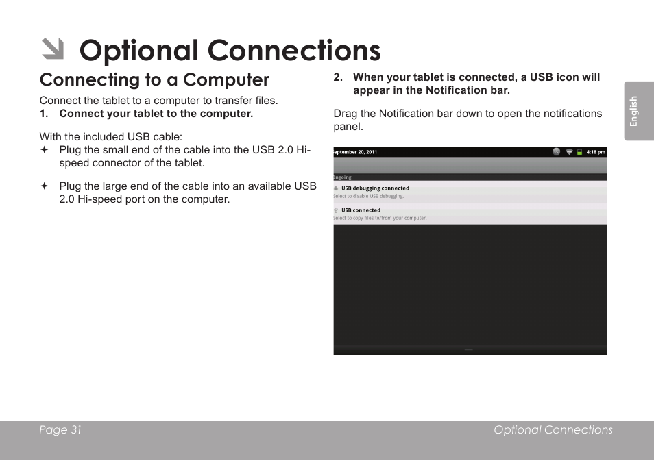 Optional connections, Connecting to a computer | COBY electronic MID1126 User Manual | Page 31 / 127