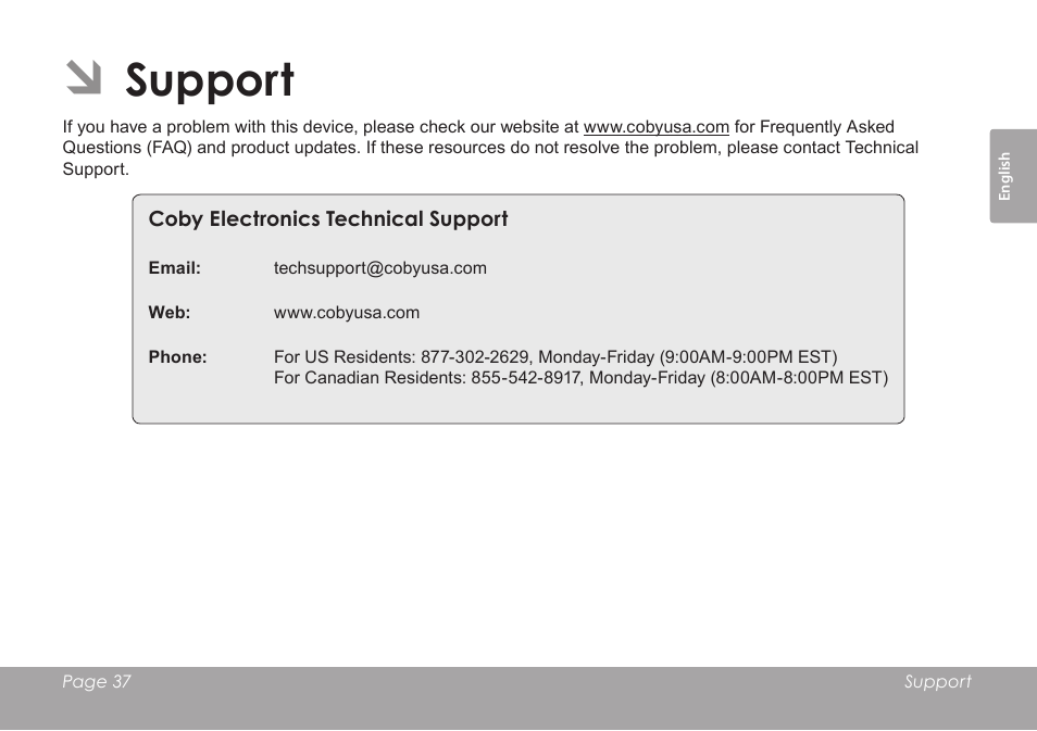 Support | COBY electronic MID1126 User Manual | Page 37 / 127