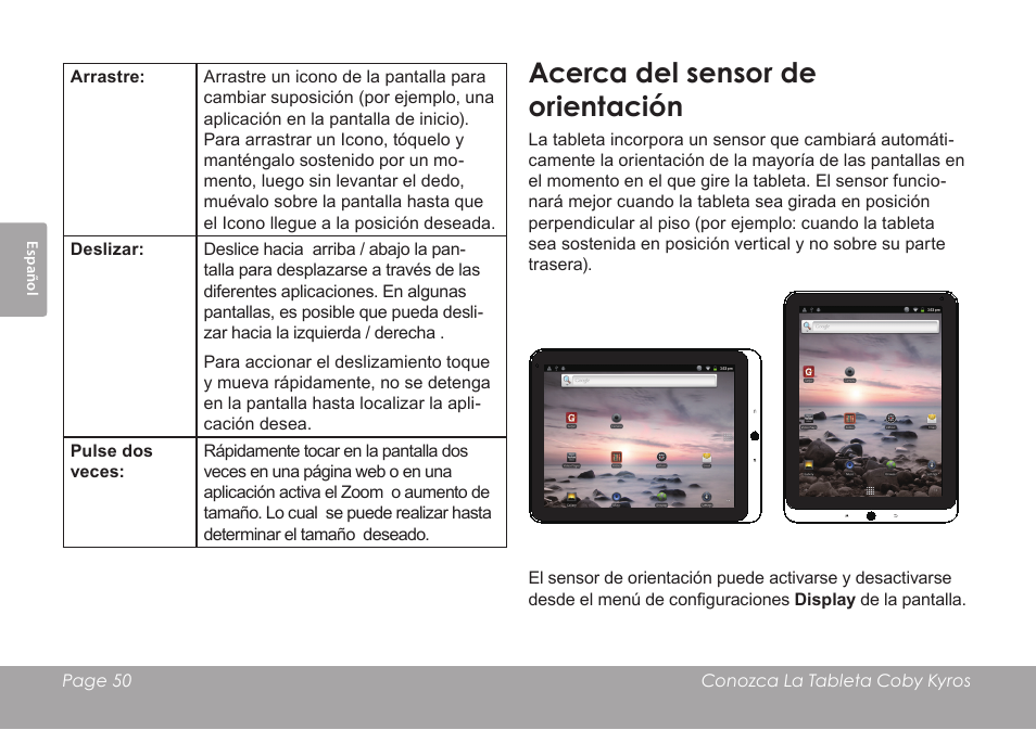 Acerca del sensor de orientación | COBY electronic MID1126 User Manual | Page 50 / 127