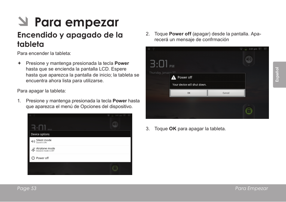 Para empezar, Encendido y apagado de la tableta | COBY electronic MID1126 User Manual | Page 53 / 127