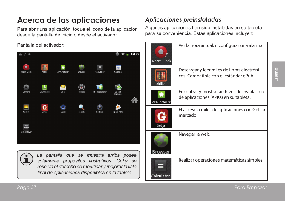 Acerca de las aplicaciones | COBY electronic MID1126 User Manual | Page 57 / 127