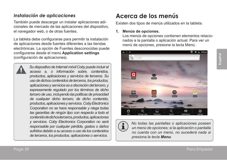 Acerca de los menús | COBY electronic MID1126 User Manual | Page 59 / 127