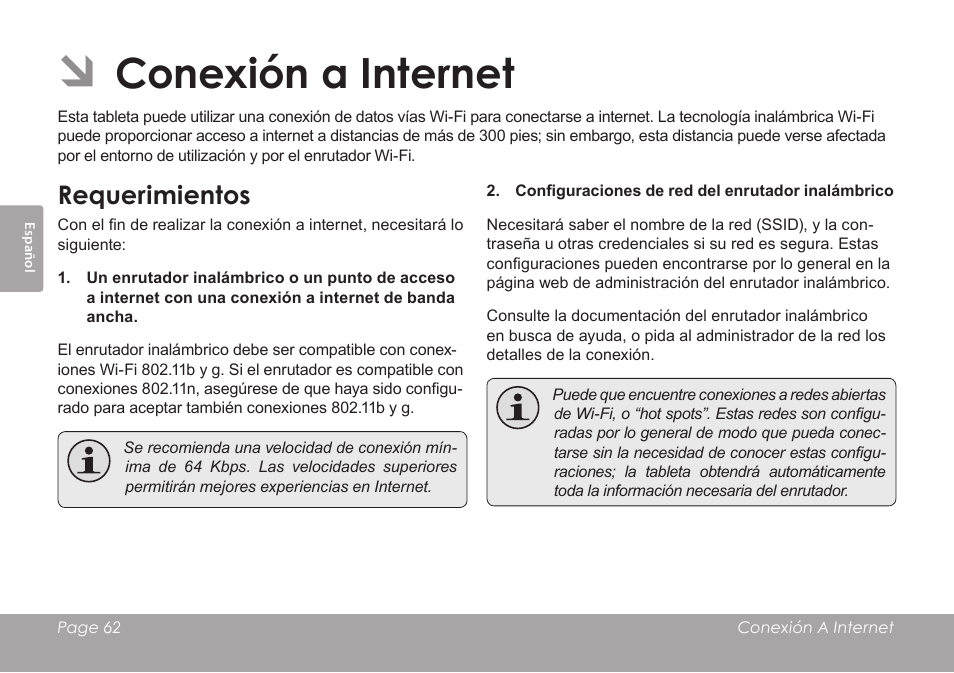 Conexión a internet, Requerimientos | COBY electronic MID1126 User Manual | Page 62 / 127