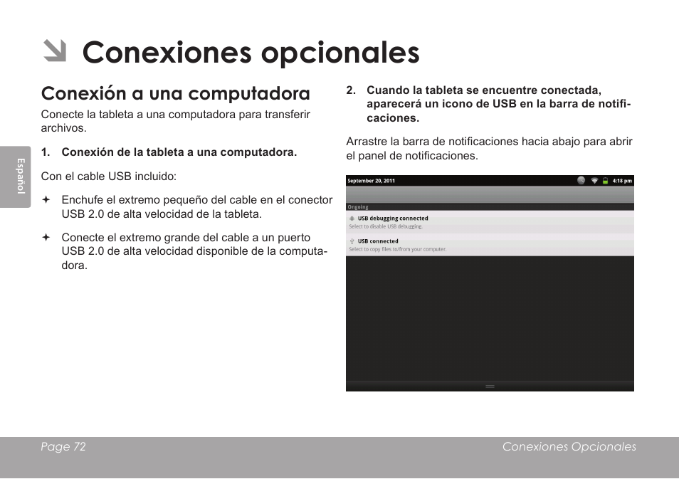 Conexiones opcionales, Conexión a una computadora | COBY electronic MID1126 User Manual | Page 72 / 127