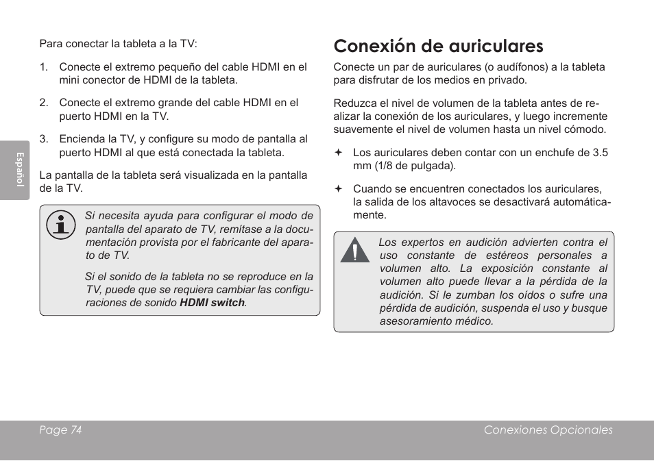 Conexión de auriculares | COBY electronic MID1126 User Manual | Page 74 / 127