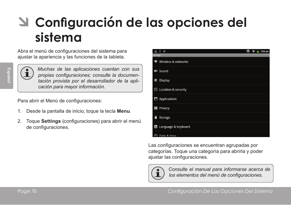 Configuración de las opciones del sistema | COBY electronic MID1126 User Manual | Page 76 / 127