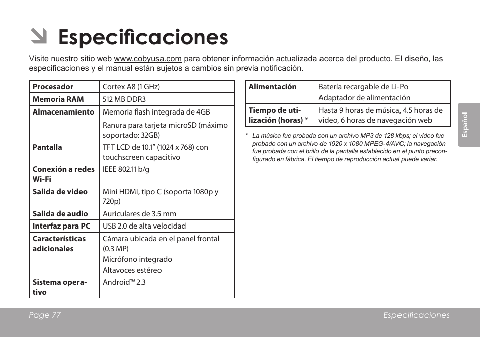 Especificaciones | COBY electronic MID1126 User Manual | Page 77 / 127
