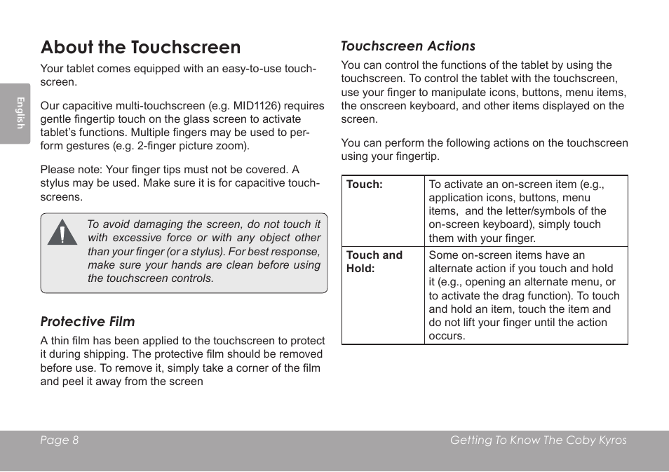 About the touchscreen | COBY electronic MID1126 User Manual | Page 8 / 127