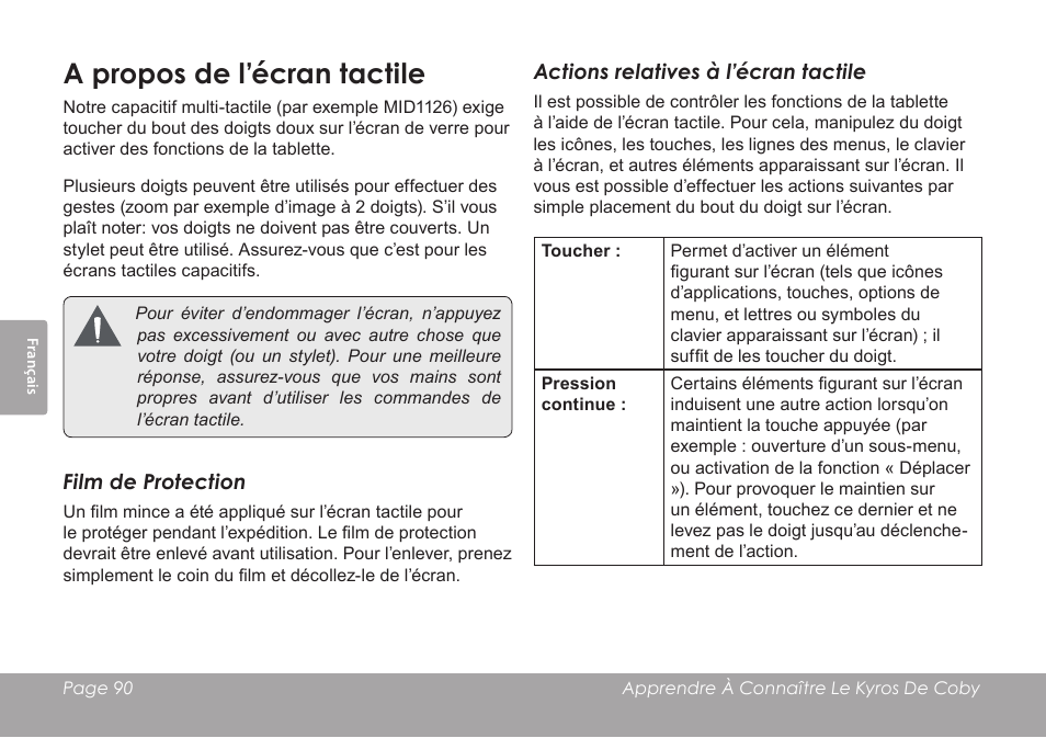 A propos de l’écran tactile | COBY electronic MID1126 User Manual | Page 90 / 127