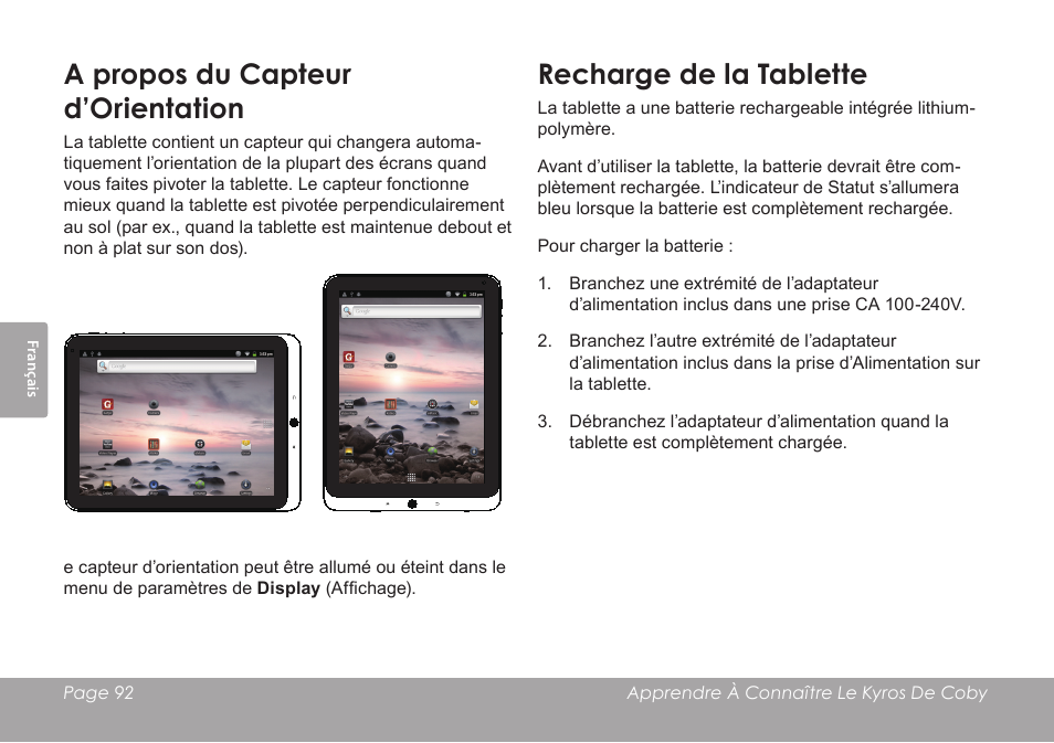 A propos du capteur d’orientation, Recharge de la tablette | COBY electronic MID1126 User Manual | Page 92 / 127