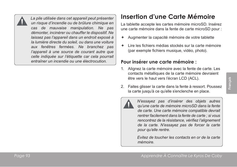 Insertion d’une carte mémoire | COBY electronic MID1126 User Manual | Page 93 / 127