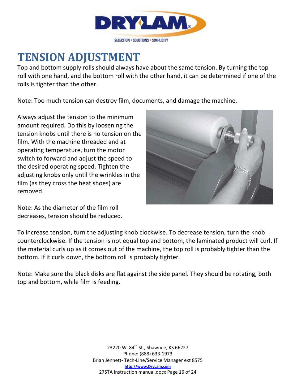 Tension adjustment | Drylam 27STA Roller Laminator User Manual | Page 16 / 24