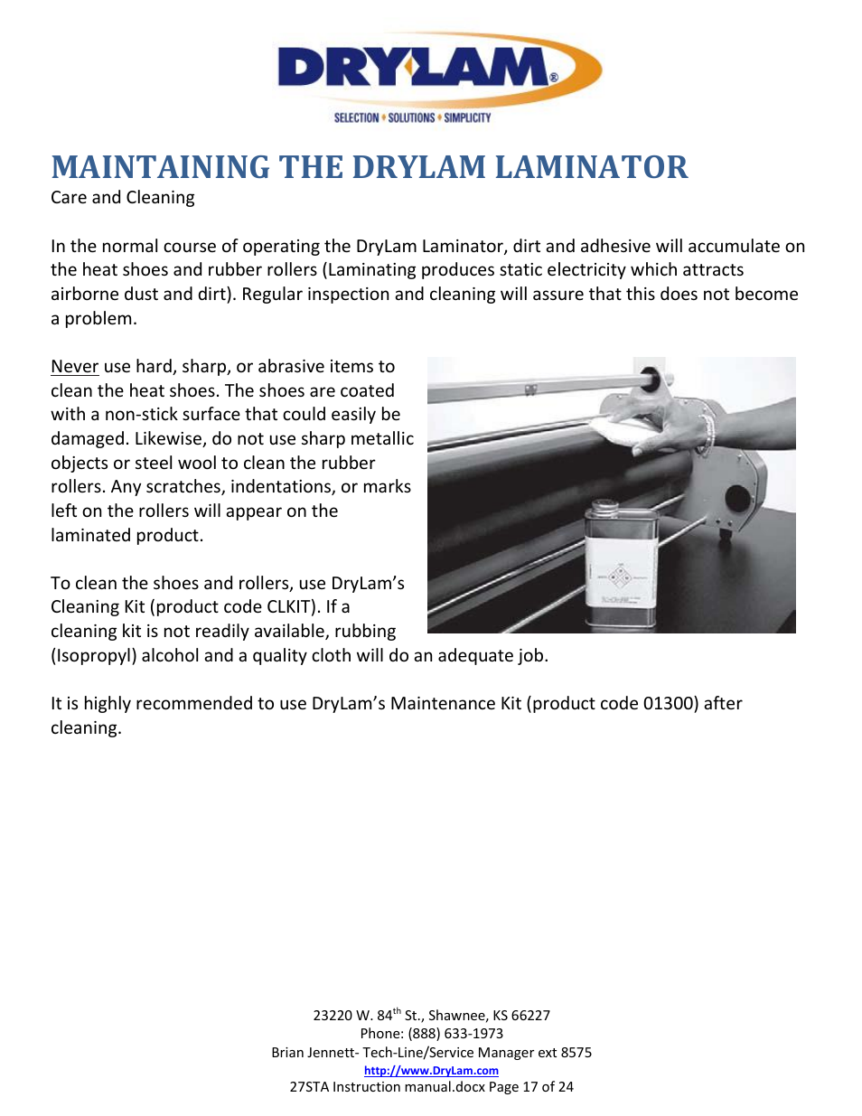 Maintaining the drylam laminator | Drylam 27STA Roller Laminator User Manual | Page 17 / 24