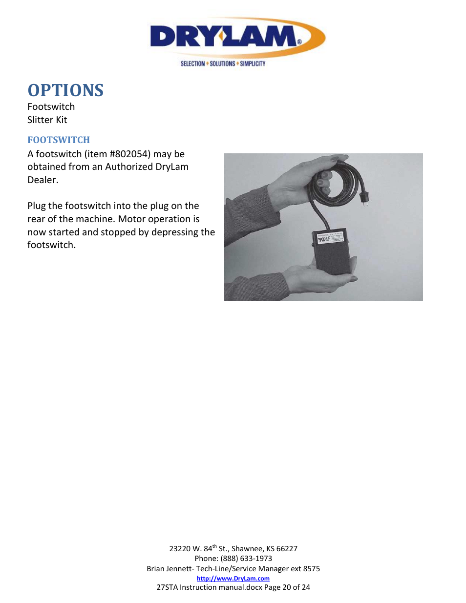 Options, Footswitch | Drylam 27STA Roller Laminator User Manual | Page 20 / 24